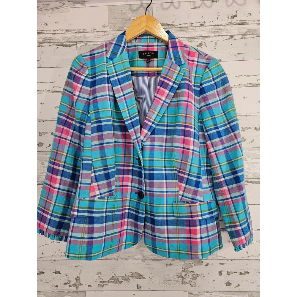 Talbots Petites Plaid Linen Blend Blazer Turquoise Pink Ruffle Cuff Size 12P